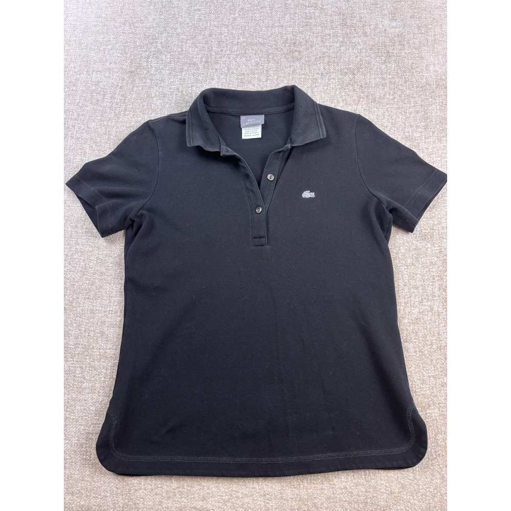Lacoste Womens Black Short Sleeve Pique Polo Shirt Logo Size 42 Fits Small